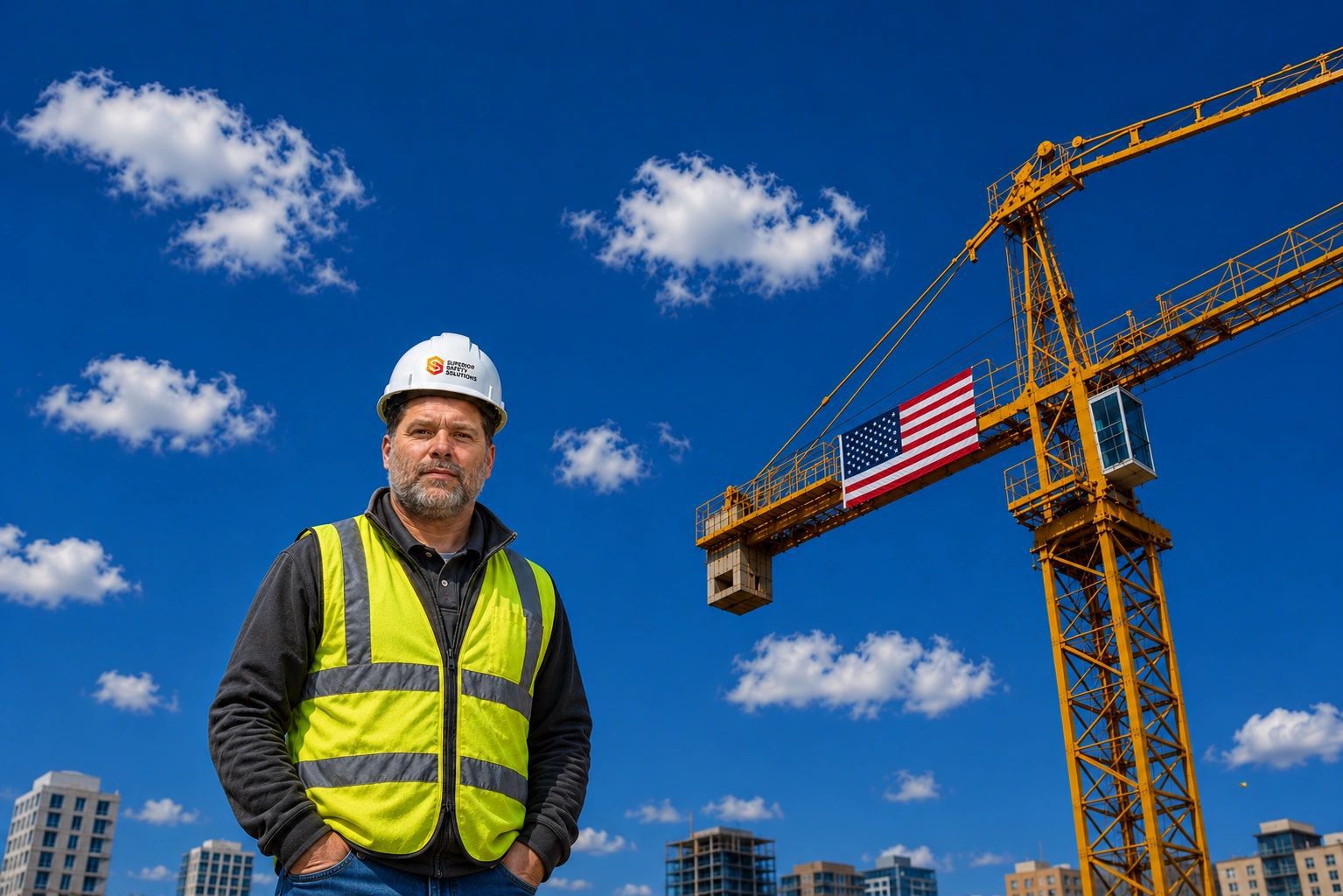 Construction site with an American flag flying from the crane